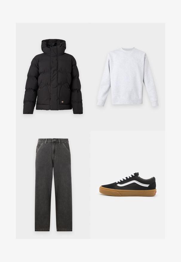 Black puffer jacket with a high collar, featuring a zip front, two side pockets, and a logo accent on the lower front. Soft, quilted texture.; Light gray sweatshirt made of soft fabric, featuring a crew neck, long sleeves, and ribbed cuffs and hem. Minimalist design with no patterns.; Dark gray denim trousers with a straight fit, featuring contrasting white stitching, a button closure, and side pockets.; Black suede sneakers with white side stripe, white laces, and gum rubber sole. Classic low-top design with textured accents and rounded toe.