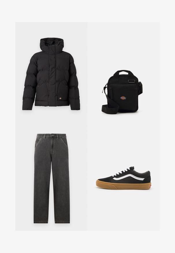 Crna puf jakna s visokim ovratnikom, s patentnim zatvaranjem sprijeda, dva bočna džepa i logom na donjem dijelu sprijeda. Mekana, kviltana tekstura.; Svijetlo siva dukserica od mekanog materijala, sa okruglim izrezom, dugim rukavima te rebrastim manžetama i donjim rubom. Minimalistički dizajn bez uzoraka.; Tamno sivi traperice s ravnim krojem, s kontrastnim bijelim šavovima, kopčanjem na gumb i bočnim džepovima.; Crne suède tenisice s bijelim bočnim crtama, bijelim vezicama i gumiranim potplatom. Klasičan niskoprofilni dizajn s teksturiranim detaljima i zaobljenim vrhom.; Crna crossbody torba s zatvorenim džepom, pravokutnog oblika, izrađena od tkanine, s logom na prednjoj strani, podesivim remenom za rame.