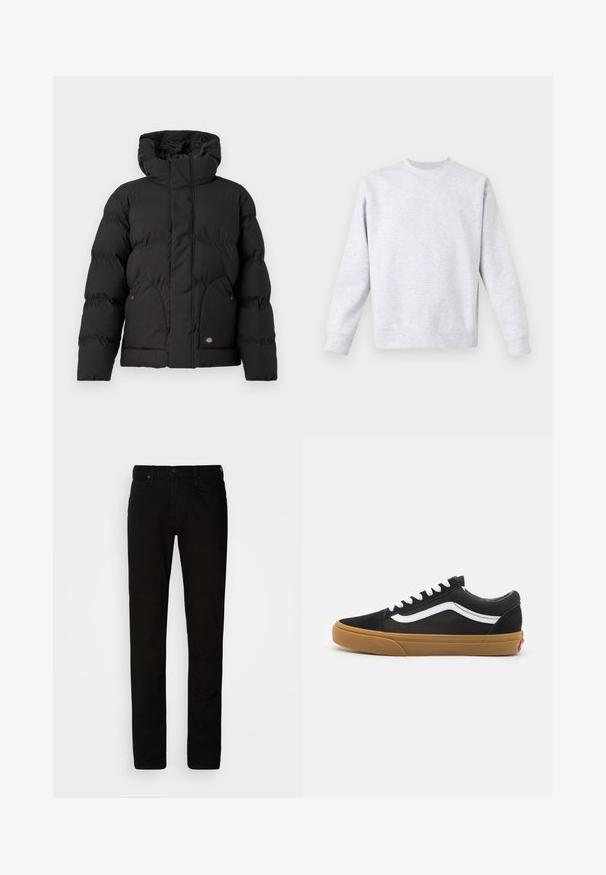 Chaqueta de plumas negra con cuello alto, que presenta un cierre de cremallera en la parte delantera, dos bolsillos laterales y un logotipo en el frente inferior. Textura suave y acolchada.; Sudadera gris claro hecha de tejido suave, con cuello redondo, mangas largas y puños y dobladillo acanalados. Diseño minimalista sin patrones.; Chinos de algodón negros con corte slim, cierre con botón superior y diseño de cinco bolsillos. Incluye pasadores para cinturón y textura uniforme y suave.; Zapatillas de ante negro con banda lateral blanca, cordones blancos y suela de goma. Diseño clásico de corte bajo con acentos texturizados y punta redondeada.