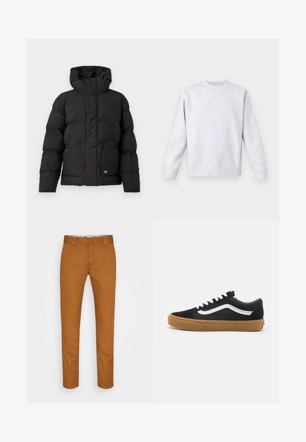 Doudoune noire avec col haut, dotée d'une fermeture éclair à l'avant, de deux poches latérales et d'un accent logo sur le bas à l'avant. Texture douce et matelassée.; Sweatshirt gris clair en tissu doux, avec un col rond, des manches longues et des poignets et un ourlet à côtes. Design minimaliste sans motifs.; Pantalons en coton brun avec une coupe droite, des poches avant et une texture lisse et propre. Comprend des passants de ceinture et des détails de couture discrets.; Baskets en daim noir avec une rayure blanche sur le côté, lacets blancs et semelle en caoutchouc beige. Design classique basse avec des accents texturés et un bout arrondi.