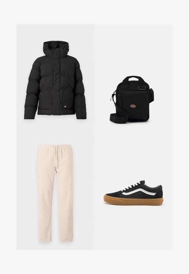 Black puffer jacket with a high collar, featuring a zip front, two side pockets, and a logo accent on the lower front. Soft, quilted texture.; Light gray sweatshirt made of soft fabric, featuring a crew neck, long sleeves, and ribbed cuffs and hem. Minimalist design with no patterns.; Light beige trousers made from soft fabric, featuring an elastic waistband with a drawstring and straight legs. Smooth texture, no patterns.; Black suede sneakers with white side stripe, white laces, and gum rubber sole. Classic low-top design with textured accents and rounded toe.; Black crossbody bag with a zippered pocket, rectangular shape, made of fabric, featuring a logo patch on the front, adjustable shoulder strap.