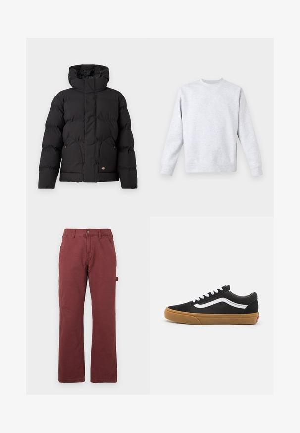 Casaco puffer preto com colarinho alto, apresentando fecho éclair na parte da frente, dois bolsos laterais e um detalhe de logo na parte inferior da frente. Textura suave e acolchoada.; Sweatshirt cinza claro feito de tecido suave, com decote redondo, mangas longas e punhos e bainha canelados. Design minimalista sem padrões.; Calças de trabalho retas para homem em vermelho escuro com bolsos frontais, passantes para cinto, botão, fecho de correr e um laço utilitário lateral.; Ténis de camurça preta com risca lateral branca, atacadores brancos e sola de borracha tipo gum. Design clássico de baixo com pormenores texturizados e bico arredondado.