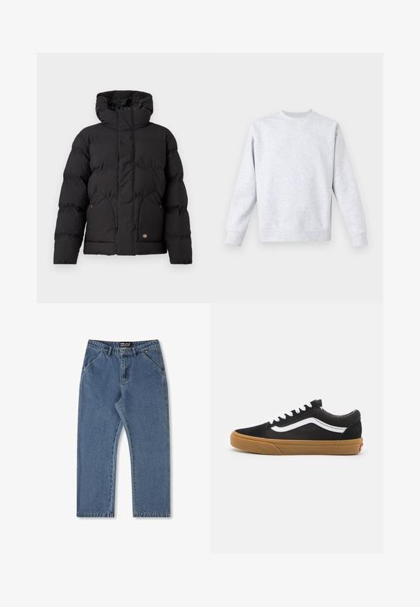 Must musta jope kõrge kraega, millel on lukuga esiosa, kaks küljetaskut ja logo aksent alumisel ees. Pehme, tikandiga tekstuur.; Heled hall sweatshirt pehmeast kangast, ümar kaelus, pikad varrukad ning soonikuga mansetid ja äär. Minimalistlik disain, ilma mustrita.; Sinise denim püksid otsejoone disainiga, keskmise tõusuga vöökoht ja klassikaline viis taskutega stiil. Omab peent värvimuutust ja õmblemise detaile.; Mustad nubukist sneakerid valge külgriba, valged paelad ja kummi kummipõhi. Klassikaline madal disain tekstuursete aktsentidega ja ümar peatoe.