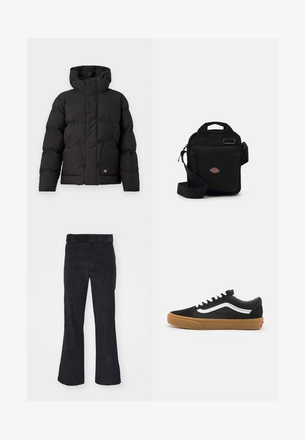 Black puffer jacket with a high collar, featuring a zip front, two side pockets, and a logo accent on the lower front. Soft, quilted texture.; Light gray sweatshirt made of soft fabric, featuring a crew neck, long sleeves, and ribbed cuffs and hem. Minimalist design with no patterns.; Black corduroy pants with a relaxed fit, featuring a classic waistband and flared legs, soft texture, and no visible patterns or accents.; Black suede sneakers with white side stripe, white laces, and gum rubber sole. Classic low-top design with textured accents and rounded toe.; Black crossbody bag with a zippered pocket, rectangular shape, made of fabric, featuring a logo patch on the front, adjustable shoulder strap.