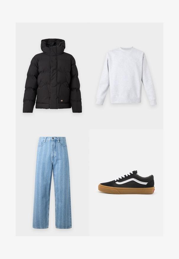 Doudoune noire avec col haut, dotée d'une fermeture éclair à l'avant, de deux poches latérales et d'un accent logo sur le bas à l'avant. Texture douce et matelassée.; Sweatshirt gris clair en tissu doux, avec un col rond, des manches longues et des poignets et un ourlet à côtes. Design minimaliste sans motifs.; Jean en denim bleu clair avec une coupe large, arborant un motif chaîne répétitif. Style classique à cinq poches avec détails en métal sur le bouton.; Baskets en daim noir avec une rayure blanche sur le côté, lacets blancs et semelle en caoutchouc beige. Design classique basse avec des accents texturés et un bout arrondi.