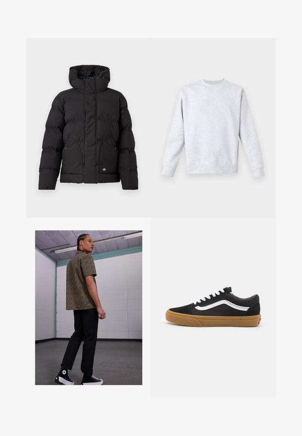 Svart pufferjakke med høy krage, med glidelås foran, to sidelommer og et logoakent på nedre front. Myk, quiltet tekstur.; Lys grå genser laget av mykt stoff, med rund hals, lange ermer og ribbestrikkede mansjetter og kant. Minimalistisk design uten mønstre.; Kortsleeve leopardmønstret skjorte i tan og sort, kombinert med svarte bukser og svarte høytoppsneakers med hvite detaljer.; Svarte semskete joggesko med hvit side stripe, hvite snørebånd og såle i gummigummi. Klassisk lavt design med teksturerte detaljer og rund tå.