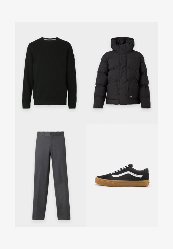 Sort pufferjakke med høj krave, med lynlås foran, to sidelommer og en logoaccent foran nederst. Blød, quilted tekstur.; Sort crewneck sweatshirt med lange ærmer, ribbede manchetter og søm. Blødt stof med et mærke på venstre ærme og et minimalistisk design.; Grå bukser lavet af glat stof, med lige ben-design, knappelukning og bæltesløjfer; minimale sømme og uden mønstre.; Sorte ruskind sneakers med hvid stribe på siden, hvide snørebånd og gummisål. Klassisk lavtopdesign med teksturerede detaljer og rund tå.