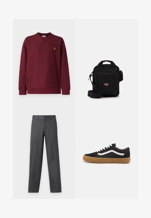 Schwarze Puffjacke mit hohem Kragen, ausgestattet mit einem Reißverschluss vorne, zwei seitlichen Taschen und einem logobezogenen Akzent auf der unteren Vorderseite. Weicher, gesteppten Textur.; Carhartt WIP AMERICAN SCRIPT - Sweatshirt - malbec; Grau farbene Hosen aus glattem Stoff, mit geradem Bein, Knopfverschluss und Gürtelschlaufen; minimale Nähte und ohne Muster.; Schwarze Wildledersneaker mit einem weißen Seitenstreifen, weißen Schnürsenkeln und Gummi-Sohle. Klassisches Low-Top-Design mit strukturierten Akzenten und runder Zehenpartie.; Schwarze Umhängetasche mit einem Reißverschlussfach, rechteckiger Form, aus Stoff gefertigt, mit einem Logo-Patch auf der Vorderseite und verstellbarem Schultergurt.