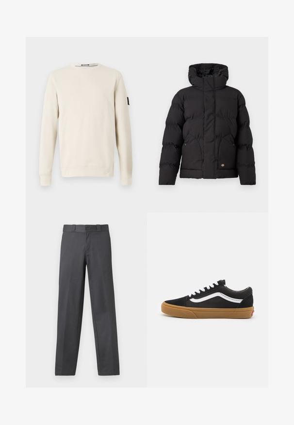 Doudoune noire avec col haut, dotée d'une fermeture éclair à l'avant, de deux poches latérales et d'un accent logo sur le bas à l'avant. Texture douce et matelassée.; Sweatshirt beige à col ras du cou en tissu doux, avec des manches longues et un petit logo noir sur la manche gauche.; Pantalon gris en tissu lisse, avec une coupe droite, une fermeture à bouton et des passants de ceinture ; coutures minimales et sans motifs.; Baskets en daim noir avec une rayure blanche sur le côté, lacets blancs et semelle en caoutchouc beige. Design classique basse avec des accents texturés et un bout arrondi.