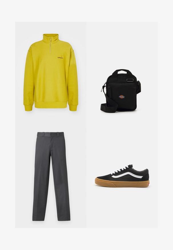 Doudoune noire avec col haut, dotée d'une fermeture éclair à l'avant, de deux poches latérales et d'un accent logo sur le bas à l'avant. Texture douce et matelassée.; Pull en polaire jaune avec un col zippé à mi-hauteur, des poignets côtelés et un logo brodé sur la poitrine gauche. Texture lisse.; Pantalon gris en tissu lisse, avec une coupe droite, une fermeture à bouton et des passants de ceinture ; coutures minimales et sans motifs.; Baskets en daim noir avec une rayure blanche sur le côté, lacets blancs et semelle en caoutchouc beige. Design classique basse avec des accents texturés et un bout arrondi.; Sac à bandoulière noir avec une poche zippée, de forme rectangulaire, fabriqué en tissu, avec un patch logo à l'avant, bandoulière réglable.