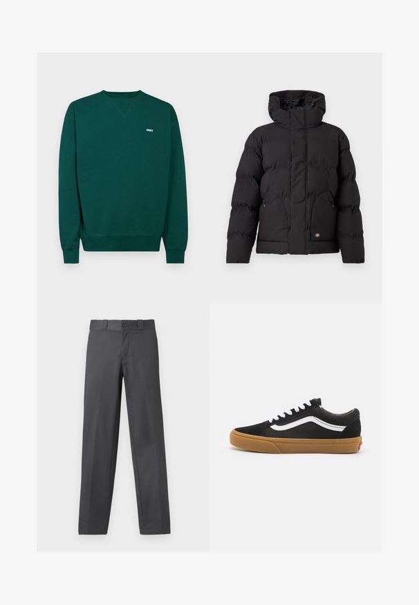 Casaco puffer preto com colarinho alto, apresentando fecho éclair na parte da frente, dois bolsos laterais e um detalhe de logo na parte inferior da frente. Textura suave e acolchoada.; Sweatshirt verde com gola redonda, mangas longas e um pequeno logotipo branco "OBEY" no peito. Feito de um tecido macio e Texturizado.; Calças cinzentas feitas de tecido suave, apresentando um design de perna reta, fecho de botão e passantes para cinto; costuras mínimas e sem padrões.; Ténis de camurça preta com risca lateral branca, atacadores brancos e sola de borracha tipo gum. Design clássico de baixo com pormenores texturizados e bico arredondado.