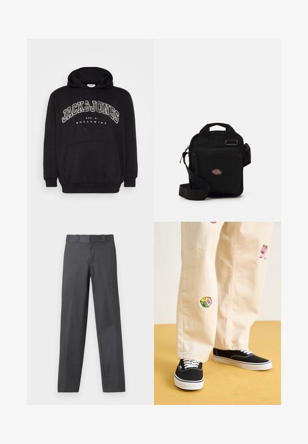 Musta puffatakki korkealla kauluksella, jossa on vetoketjukiinnitys, kaksi sivutaskua ja logo-akseli alhaalla edessä. Pehmeä, vuorattu pinta.; Mustat hupparit, jotka on valmistettu puuvillasekoitemateriaalista. Ominaisuuksiin kuuluu etu-kangaroo-tasku, nyöri-huppu ja valkoinen painettu brändilogo rinnassa.; Harmaat housut sileästä kankaasta, suoran lahkeen muotoilu, nappisulku ja vyölenkit; minimaalinen saumaus eikä kuvioita.; Beige puuvillahousut leikkisillä brodeeratuilla kuvioilla, mukaan lukien vaaleanpunainen hahmo ja värikäs lohko, yhdistettynä mustiin nauhakengiin.; Musta olkakohtainen laukku, jossa on vetoketjullinen tasku, suorakaiteen muotoinen, kangasta, etupuolella logopatchi, säädettävä olkahihna.