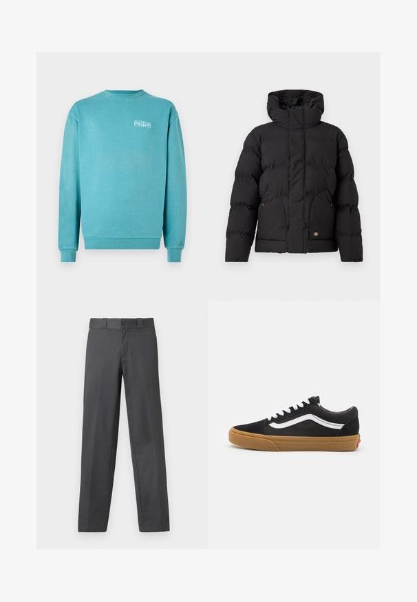 Giacca a vento nera con colletto alto, dotata di chiusura zip frontale, due tasche laterali e un logo in evidenza nella parte anteriore inferiore. Tessuto morbido e trapuntato.; Felpa in cotone turchese, collo rotondo, maniche lunghe, polsini e orlo a coste, presenta un piccolo logo grafico bianco sul lato sinistro del petto.; Pantaloni grigi in tessuto liscio, con design a gamba dritta, chiusura con bottone e passanti per cintura; cuciture minime e nessun motivo.; Sneakers in camoscio nero con striscia laterale bianca, lacci bianchi e suola in gomma marrone. Design classico low-top con accenti testurizzati e punta arrotondata.