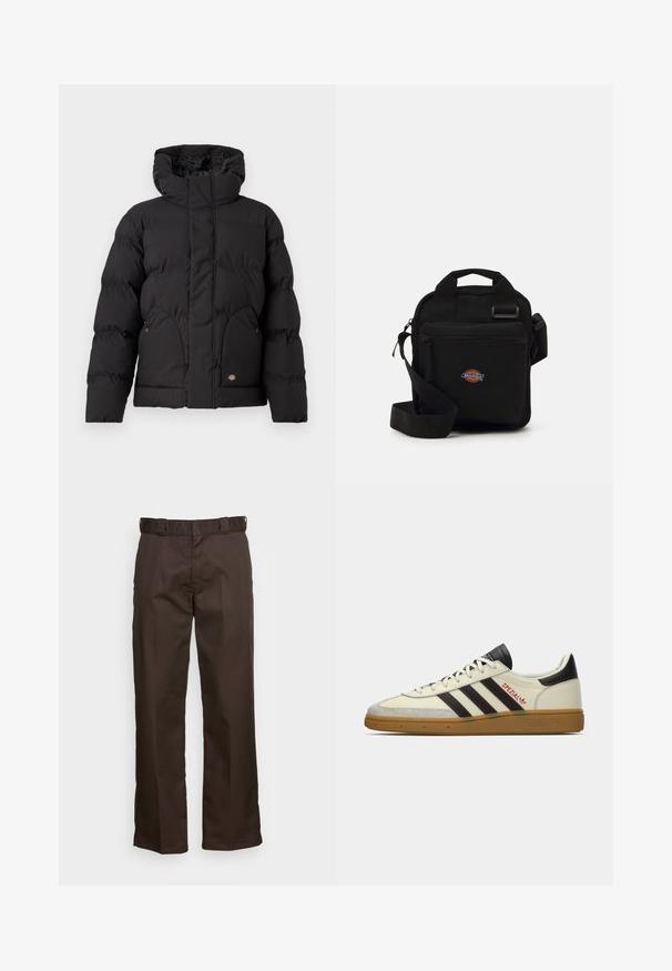 Jachetă puf trasă de culoare neagră, cu guler înalt, prezentând un fermoar în față, două buzunare laterale și un accent logo pe partea din față de jos. Textură moale, matlasată.; Tricou alb cu mâneci lungi, din bumbac. Design cu guler rotund, cu manșete ribbate și un logo mic pe mâneca stângă. Textură netedă.; Pantaloni maro cu croi drept, având un față plată, pasuri pentru curea și o textură netedă. Design simplu, fără modele sau accente.; Sneaker Adidas Spezial alb-negru cu talpă din cauciuc, dungi negre, cusături roșii și brandul "Spezial" pe lateral.; Geantă de umăr neagră cu un buzunar cu fermoar, formă rectangulară, fabricată din material textil, cu un patch logo pe partea din față, curea de umăr ajustabilă.; Cinco inele argintii: unul cu un detaliu circular negru, unul cu un model geometric alb și negru, iar celelalte cu forme și finisaje diverse.