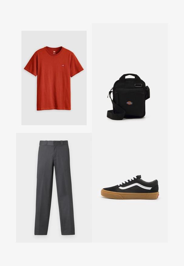 Čierna prešívaná bunda s vysokým golierom, so zipsom na prednej strane, dvoma bočnými vreckami a logom na dolnej prednej strane. Mäkká, prešívaná textúra.; Červené bavlnené tričko s krátkymi rukávmi, okrúhlym výstrihom a malým vyšitým logom Levi's na hrudi. Hladká textúra a jednoduchý dizajn.; Sivé nohavice vyrobené z hladkej tkaniny, s rovnými nohavicami, zapínaním na gombík a pútkami na opasok; s minimálnymi švami a bez vzorov.; Čierne semišové tenisky s bielym bočným pruhom, bielymi šnúrkami a gumovou podrážkou. Klasický nízky dizajn s textúrovanými akcentmi a okrúhlou špičkou.; Čierna crossbody taška s našitým zipsovým vreckom, obdĺžnikový tvar, vyrobená z textílie, s logom na prednej strane, nastaviteľný ramenný popruh.