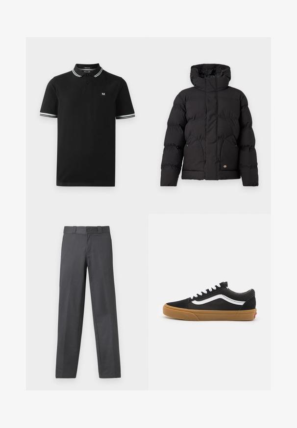 Fekete puff Jacket magas gallérral, cipzáros elülső résszel, két oldalsó zsebbel és logóval a alsó elülső részen. Puha, tűzött textúra.; Fekete pólóing, pamutból készült, két gombos nyakkal, fehér és szürke csíkos gallérral és ujjak szegélyével, valamint egy kis logó folttal a mellkasán.; Szürke nadrág sima anyagból, egyenes lábú szabással, gombos záródással és övhurkokkal; minimális varrásokkal és mintázat nélkül.; Fekete velúr edzőcipők fehér oldalsávval, fehér fűzővel és gumis talppal. Klasszikus alacsony felső kialakítás textúrált részletekkel és lekerekített orral.