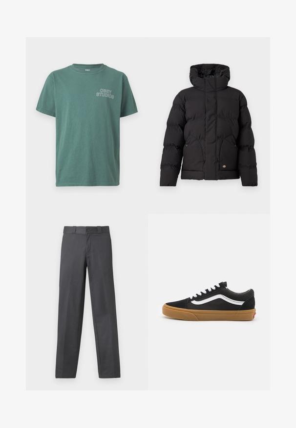 Fekete puff Jacket magas gallérral, cipzáros elülső résszel, két oldalsó zsebbel és logóval a alsó elülső részen. Puha, tűzött textúra.; Zöld pamut póló kerek nyakkal, rövid ujjakkal és fehér "OBEY STUDIOS" logóval a bal mellen. Puha tapintás, laza dizájn.; Szürke nadrág sima anyagból, egyenes lábú szabással, gombos záródással és övhurkokkal; minimális varrásokkal és mintázat nélkül.; Fekete velúr edzőcipők fehér oldalsávval, fehér fűzővel és gumis talppal. Klasszikus alacsony felső kialakítás textúrált részletekkel és lekerekített orral.