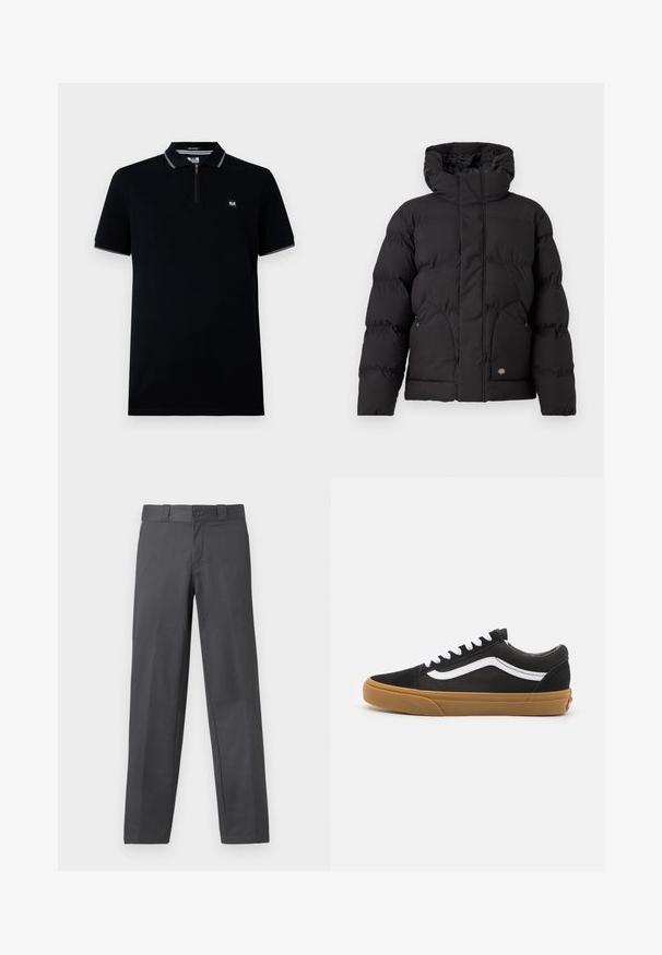 Svart puffjacka med hög krage, med dragkedja framtill, två sidofickor och en logotypdetalj på den nedre framsidan. Mjuk, vadderad textur.; Svart pikétröja med korta ärmar, dragkedja fram, kontrasterande krage och ärmslut, tillverkad av slätt tyg, med en liten logotyp.; Grå byxor i slät väv, med raka ben, knappstängning och bälteshällor; minimala sömmar och inga mönster.; Svarta mockaskor med vit sidostrimma, vita snören och klibbig gummisula. Klassisk lågdesign med texturerade detaljer och rund tå.