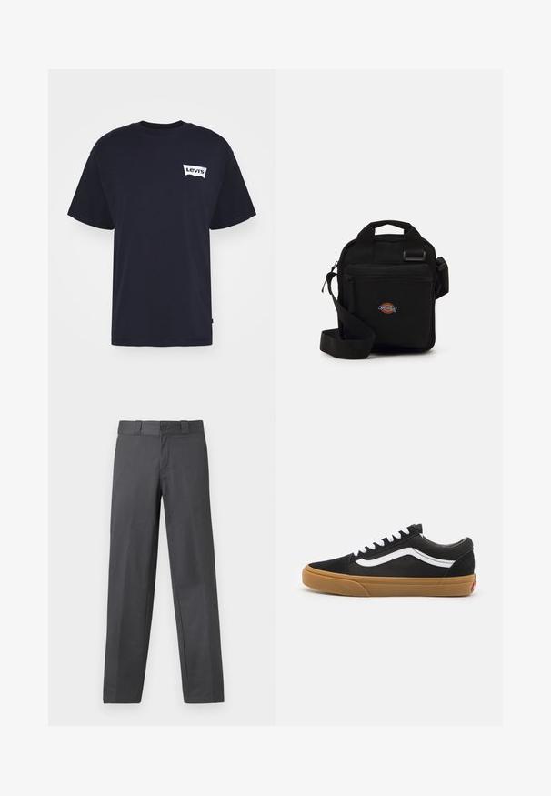 Juodas pūkinis švarkas su aukštu apykakle, su užtrauktuku priekyje, dviem šoninėm kišenėm ir logotipo akcentu apatinėje priekyje. Minkšta, siuvinėta tekstūra.; Levi's® VINTAGE FIT GRAPHIC - Marškinėliai su spaudiniu - pirate black; Pilkos kelnes, pagamintos iš lygios medžiagos, tiesaus kirpimo, su mygtuko užsegimu ir dirželių kilpomis; minimalūs siūlės ir be raštų.; Juodos zomšinės sportbačiai su balta šonine juostele, baltomis raišteliais ir guminiu padu. Klasikinis žemas dizainas su tekstūruotais akcentais ir apvaliu nosiu.; Juodas per petį nešiojamas krepšys su užtrauktuku, stačiakampio formos, pagamintas iš audinio, su logotipo siuviniu priekyje, reguliuojamo ilgio petneša.