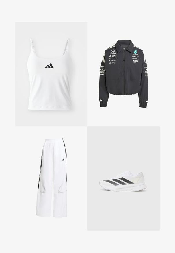 Kraftig sort jakke med lynlås, der har hvide striber på skuldrene, flere mærkelogos og elastiske ærmer.; Hvid tanktop med tynde stropper, der har et sort adidas-logo på fronten. Stoffet har en glat tekstur og en tætsiddende silhuet.; Hvide atletiske bukser med løs pasform, der har sorte sidelister, elastisk talje og meshudskæringer for ventilation.; Hvide sportsko med sorte diagonale striber, mesh-overdel, rund tå og tekstureret sål. Accenter inkluderer en sølv hæl og et minimalistisk design.
