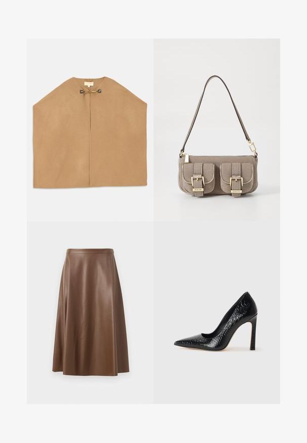 Plášť vyrobený z mäkkej camel látky, s okrúhlym výstrihom, otvoreným predným dielom a zlatými kovovými prvkami s reťazovým detailom pri uzávere. Hladká textúra.; Čierny tielko s tenkými ramienkami, vyrobené z rebrovanej tkaniny, s rovnými okrajmi a označením na výstrihu s nápisom "IVY OAK."; Hnedá kožená sukňa v A strihu s hladkou textúrou a stredne dlhým lemom. Má priliehavý pás a jemné rozšírenie od bedier.; Čierna lodička s špicatou špičkou a lakovanou textúrou krokodíla, s elegantným dizajnom, vysokým stiletto podpätkom a hladkým čiernym interiérom.; Bežová taška s textúrou a nastaviteľným popruhom, dve predné vrecká zabezpečené prackami a zlaté kovové prvky. Zips na vrchu.