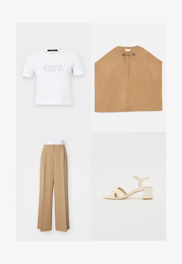 Cape in soft camel fabric, featuring a round neckline, open front, and gold hardware with chain detail at the closure. Smooth texture.; White short-sleeve t-shirt made of cotton, featuring a studded logo design in silver on the front. Simple crew neck and relaxed fit.; Wide-leg trousers in a light brown fabric with a contrasting white waistband. Features clean lines and no visible patterns or embellishments.; Beige patent leather heeled sandals with cross strap design, open toe, adjustable ankle strap, and a block heel. Smooth texture.