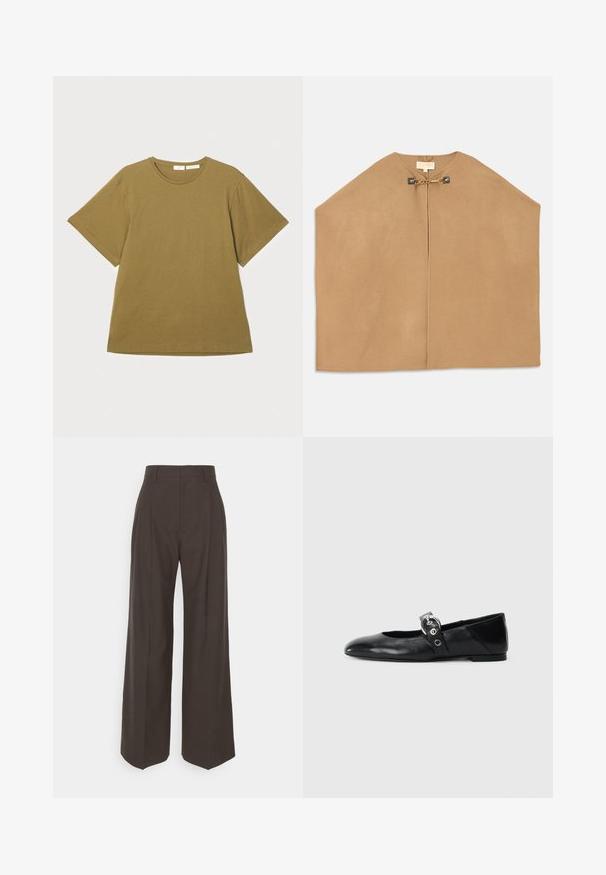 Kailis minkštos smėlinės spalvos medžiagos, su apvaliomis iškirptėmis, atviru priekiu ir auksinėmis detalėmis su grandinėlėmis užsegimo vietoje. Lygus paviršius.; Alyvuogių žalios spalvos trumpomis rankovėmis marškinėliai, pagaminti iš minkštos medžiagos, su apvalia iškirpte ir laisvu siluetu, rodomi prieš baltą foną.; Tamsiai rudos platėjančios kelnės su aukštu liemeniu, pasižyminčios tvarkingai prispaustomis raukšlėmis, lygia tekstūra ir pritaikytu siluetu.; Juodų odinių baletinių batelių su smailiu nosiu, su užrišamu dirželiu su apvalia metaline sagtimi ir plokščiu padu.