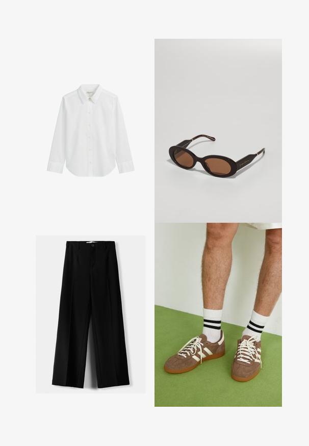 Brauner Blazer aus einem glatten Material, mit einem Reverskragen, einem einzelnen Knopfverschluss und zwei vorderen Taschen. Texturierte Oberfläche.; Weißes Langarm-Hemd mit Knopfleiste aus Baumwolle. Es hat einen spitzen Kragen, Knöpfe an der Vorderseite und einen abgerundeten Saum am unteren Rand.; Schwarze weite Hosen aus leichtem Stoff, mit einem Knopfverschluss vorne und flachem Bund, mit sorgfältig genähten Säumen.; Braune Wildleder-Sneaker mit weißen Akzenten und Schnürsenkeln. Gummisohle in Kautschuk-Optik. Getragen mit weißen Socken, die schwarze Streifen haben. Grüner strukturierter Fußboden.; Giorgio Armani Sonnenbrille - brown