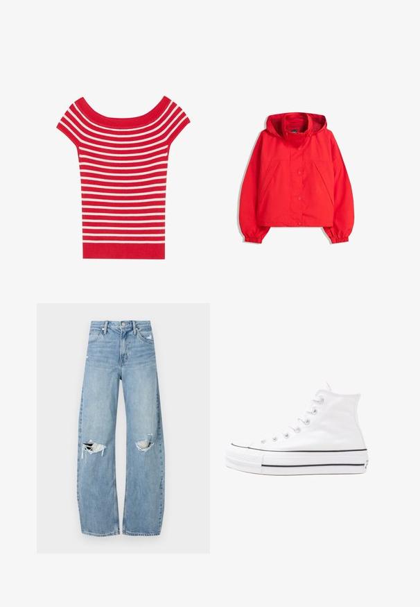 Felrood gewatteerd jack met drukknoopsluiting aan de voorkant, elastische manchetten en diagonale zakken op een witte achtergrond.; Korte mouwen, off-the-shoulder top in rood en witte horizontale strepen, gemaakt van ribgebreide stof met een aansluitend ontwerp.; Lichtblauwe, hooggeritste jeans van denim. Beschikken over wijde pijpen, twee gescheurde knievalken en klassieke vijfzakken styling.; Witte high-top canvas sneakers met een zwarte rubberen zool, een rubberen neuskap aan de voorkant en zes gaatjes voor veters, met een schone, minimalistische uitstraling.