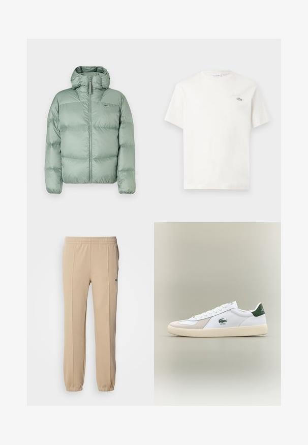 Green puffer jacket with a hood, featuring a front zipper, quilted sections, and subtle branding. Made from smooth, shiny material.; White cotton t-shirt with short sleeves, featuring a subtle embroidered logo and minimalistic design. Soft texture, crew neckline.; Lacoste Tracksuit bottoms - viennese; White sneaker with green accents, suede and leather materials, rounded toe, textured outsole, and embroidered logo on side and tongue.