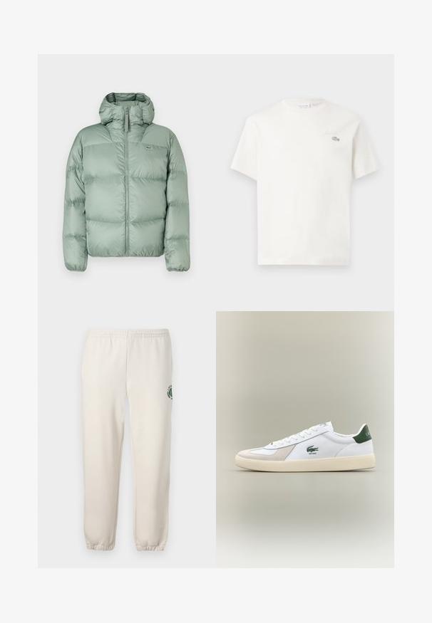 Zelena puhasta jakna s kapuco, z oblogo na sprednji strani, kvadratnimi šivi in subtilnim blagovnim znakom. Narejena iz gladkega, sijočega materiala.; Bela bombažna majica s kratkimi rokavi, ki ima subtilno vezeno logo in minimalističen dizajn. Mehka tekstura, okrogla izreza vratu.; Svetlo bež trenirke iz bombaža, z elastičnim pasom, rebrastimi zaključki in zelenim logotipom z motivom lista na levi nogi.; Bela tenisa z zelenimi dodatki, iz semiša in usnja, okrogla konica, teksturiran podplat ter izšit logotip na strani in jeziku.