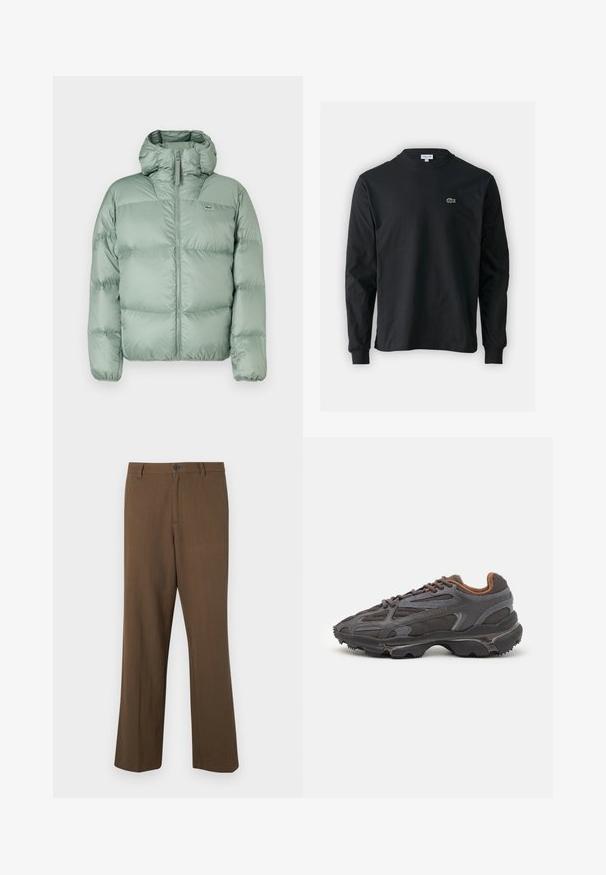 Green puffer jacket with a hood, featuring a front zipper, quilted sections, and subtle branding. Made from smooth, shiny material.; Black long-sleeve t-shirt made of cotton, featuring a round neckline and a small green embroidered crocodile logo on the left chest.; Brown, straight-leg trousers made of textured fabric, featuring a button closure and standard waistband, with side pockets and tailored seams.; Lacoste sneakers in dark gray with mesh and synthetic material, featuring a textured sole and brown accents on the collar and branding.