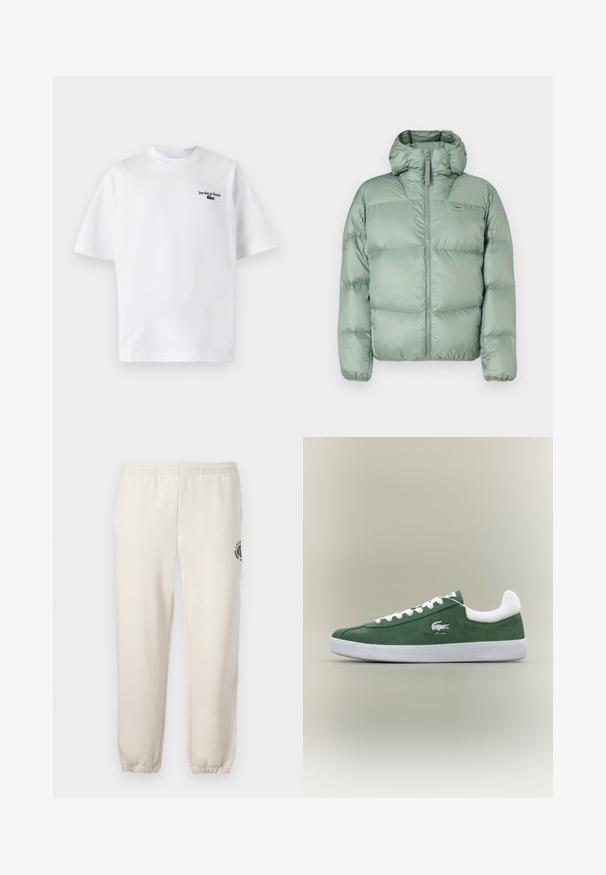 Jachetă puf verde cu glugă, având un fermoar frontal, secțiuni matlasate și o branding subtil. Fabricată dintr-un material neted, lucios.; Tricou din bumbac alb cu mâneci scurte, având inscripția "Jeu Set et Match" și un mic logo verde pe pieptul stâng. Croi clasic.; Pantaloni de trening bej deschis, confecționați din bumbac, cu talie elastică, mansete ribbate și un logo verde cu design de frunză pe piciorul stâng.; Sneaker verde din suede cu profil jos, șireturi albe, talpă albă, guler căptușit la călcâi și logo-ul brodat al crocodilului cu textul "EST. 1933".