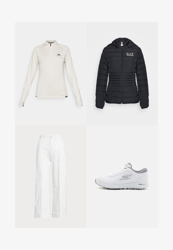 Μαύρο μπουφάν πούφ με ζώτης μπροστά, οριζόντια ραφή, κουκούλα και λογότυπο EA7 σε χρυσό. Διαθέτει δύο πλαϊνές τσέπες και ελαστικές μανσέτες.; J.LINDEBERG Sports STEFFI MID LAYER - Φούτερ - moonbeam; Λευκό βαμβακερό πόλο μπλούζα με κλασικό γιακά, κοντά μανίκια και ναυτικό μπλε κεντητό λογότυπο στο πάνω αριστερό μέρος του στήθους. Πέντε κουμπιά στην μπροστινή πλευρά.; Λευκό παντελόνι σε φαρδύ σχέδιο με ψηλή μέση, που διαθέτει κλείσιμο με κουμπί και διακριτές ραφές. Κατασκευασμένο από βαμβάκι με λεία υφή.; Λευκά αθλητικά παπούτσια με πλέγμα υφής, ασημένιες λεπτομέρειες και ελαφρύ πέλμα που διαθέτει μικρές προεξοχές πρόσφυσης, ετικέτα "ULTRA FLIGHT."
