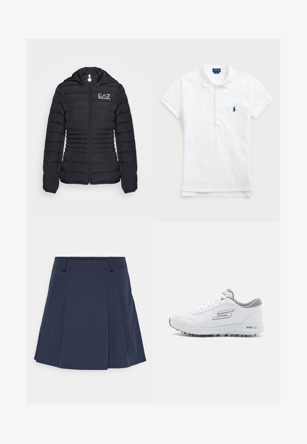 Black puffer jacket with a zip front, horizontal quilted design, hood, and EA7 logo in gold. Features two side pockets and elastic cuffs.; White cotton polo shirt featuring a classic collar, short sleeves, and a navy blue embroidered logo on the left chest. Five-button placket.; Navy pleated skirt with a waistband, made of smooth fabric. Features sharp pleats, a straight-cut hem, and minimal stitching details.; White athletic shoes with a textured mesh upper, silver accents, and a lightweight sole featuring small traction studs, labeled "ULTRA FLIGHT."