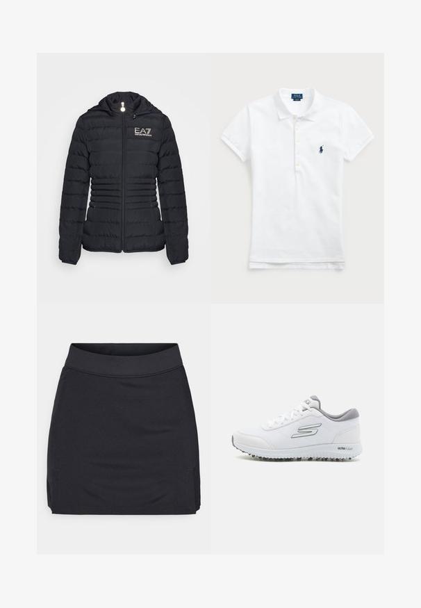 Giacca a puffo nera con zip frontale, design trapuntato orizzontale, cappuccio e logo EA7 in oro. Presenta due tasche laterali e polsini elasticizzati.; Polo shirt in cotone bianco con colletto classico, maniche corte e logo ricamato blu navy sul lato sinistro del petto. Placca con cinque bottoni.; J.LINDEBERG Sports AMELIE MID SKIRT - Gonna sportiva - black; Scarpe sportive bianche con tomaia in mesh testurizzato, dettagli in argento e una suola leggera con piccoli tacchetti per la trazione, etichettate "ULTRA FLIGHT."