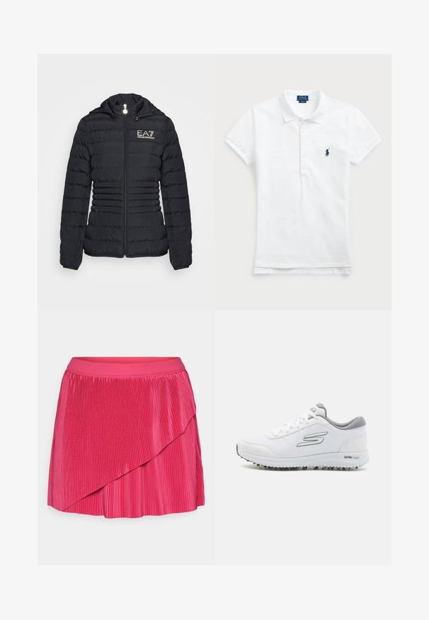 Črna puhovka z zadrgo spredaj, horizontalnim kviltanim dizajnom, kapuco in zlatim logotipom EA7. Ima tudi dve stranski žepi in elastične manšete.; Bela bombažna polo majica z visokim ovratnikom, kratkimi rokavi in aplika za logotip v temno modri barvi na levem prsnem predelu. Pet gumbov na zapenjanju.; Nabrana roza krilna s širokim elastičnim pasom, ki ima plastičen dizajn s kontrastnimi teksturami, ki ustvarjajo vizualno zanimivost.; Bele športne čevlje z teksturirano mrežasto zgornjim delom, srebrnimi poudarki in lahkotnim podplatom, ki ima majhne protisklizne konice, označeni z "ULTRA FLIGHT."