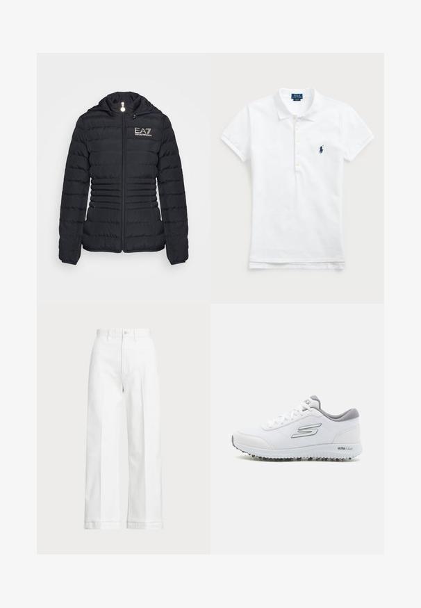 Svart dunjakke med glidelås foran, horisontal quiltet design, hette og EA7-logo i gull. Har to sidelommer og elastiske mansjetter.; Hvit bomulls polo-skjorte med klassisk krage, korte ermer og en marineblå brodert logo på venstre bryst. Fem-knappers placket.; Hvite vidde bukser med høy midje, med knappelukking og subtile sømdetaljer. Laget av bomull med en glatt tekstur.; Hvite joggesko med et teksturert mesh-overdel, sølvfargede detaljer og en lett såle med små grep-studser, merket "ULTRA FLIGHT."