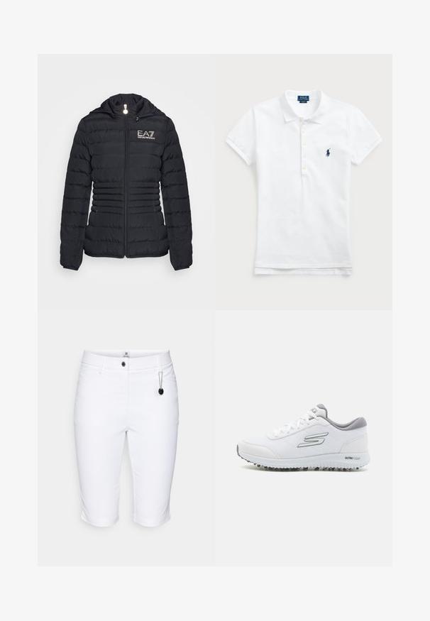 Μαύρο μπουφάν πούφ με ζώτης μπροστά, οριζόντια ραφή, κουκούλα και λογότυπο EA7 σε χρυσό. Διαθέτει δύο πλαϊνές τσέπες και ελαστικές μανσέτες.; Λευκό βαμβακερό πόλο μπλούζα με κλασικό γιακά, κοντά μανίκια και ναυτικό μπλε κεντητό λογότυπο στο πάνω αριστερό μέρος του στήθους. Πέντε κουμπιά στην μπροστινή πλευρά.; Daily Sports LYRIC BERMUDA SHORTS - Αθλητικό σορτς - white; Λευκά αθλητικά παπούτσια με πλέγμα υφής, ασημένιες λεπτομέρειες και ελαφρύ πέλμα που διαθέτει μικρές προεξοχές πρόσφυσης, ετικέτα "ULTRA FLIGHT."