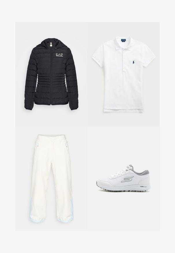 Melnā pūkainā jaka ar rāvējslēdzēja priekšpusi, horizontālu kvadrātu dizainu, kapuci un zelta EA7 logo. Iespējo divas sānu kabatas un elastīgas aproces.; Balta kokvilnas polo krekls ar klasisku apkakli, īsām piedurknēm un tumši zilā krāsā izšūtu logotipu kreisajā krūtī. Ar piecu pogu aizdari.; Gai beidzs platās bikses ar gludu tekstūru, kurām ir zila apdare pie piedurknēm un sānu rāvējslēdzēja kabatām. Viegls audums.; Baltie sporta apavi ar teksturētu sietu augšpusi, sudraba akcentiem un vieglu zoli ar mazām saķeres uzlikām, apzīmēti "ULTRA FLIGHT."