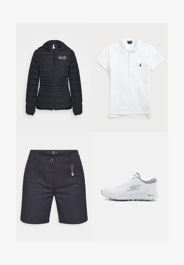 Casaco puffer preto com fecho frontal, design acolchoado horizontal, capuz e logótipo EA7 em dourado. Apresenta dois bolsos laterais e punhos elásticos.; Camisa polo de algodão branca com um colarinho clássico, mangas curtas e um logótipo bordado em azul-marinho no lado esquerdo do peito. Placket com cinco botões.; Calções cinzentos escuros feitos de um tecido liso e elástico. As características incluem bolsos frontais, fecho de botão e um detalhe decorativo em corrente.; Sapatilhas brancas desportivas com um upper de malha texturizada, detalhes em prata e uma sola leve com pequenos pinos de tração, rotuladas "ULTRA FLIGHT."