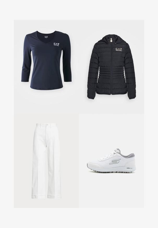 Mustapuffertakki, jossa on vetoketjukiinnitys, vaakasuora tikkauskuvio, huppu ja kultainen EA7-logo. Sisältää kaksi sivutaskua ja elastiset hihansuut.; Laivastonsininen pitkähihaisena paita V-päällä, valmistettu sileästä kankaasta. Sisältää EA7-logon rinnassa ja istuvan muotoilun, yksinkertaisella ja siistillä leikkauksella.; Valkoiset leveälahkeiset housut, joissa on korkea vyötärö, napin sulkeminen ja hienovaraiset ompeluyksityiskohdat. Valmistettu puuvillasta, jonka pinta on sileä.; Valkoiset urheilukengät, joissa on teksturoitu verkkopäällinen, hopeiset yksityiskohdat ja kevyt pohja, joka sisältää pieniä pito-nastoja, nimetty "ULTRA FLIGHT".