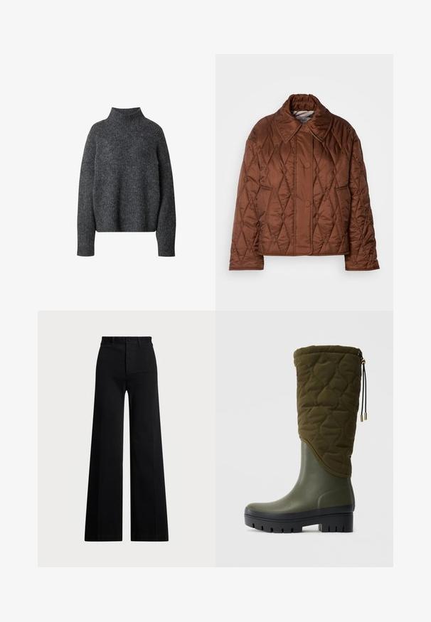 Brown quilted jacket featuring a diamond pattern, wide collar, two front buttons, and long sleeves. Made from a shiny synthetic material.; Gray, textured turtleneck sweater with long sleeves, featuring a loose fit and ribbed cuffs. Fabric appears soft and warm.; Black wide-leg pants made of woven fabric, featuring a high waist, front button closure, and side pockets. Smooth texture with clean lines.; Knee-high green waterproof boot with quilted fabric upper section, black chunky sole, and adjustable drawstring at the top.