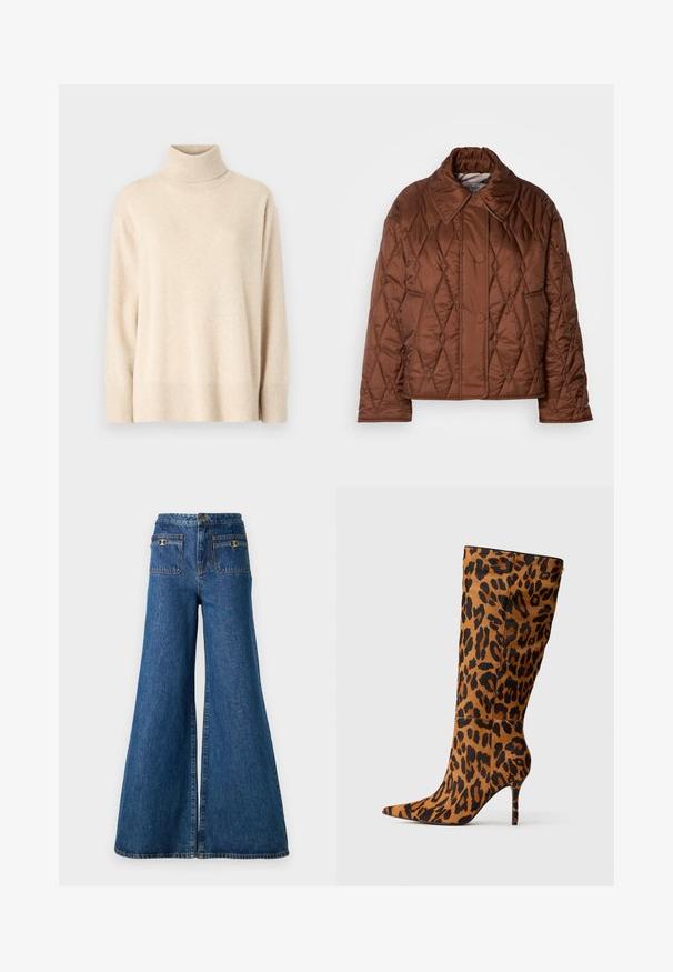 Pruun uhkeldav pusa, millel on teemantmuster, lai krae, kaks esimest nööpi ja pikad varrukad. Valmistatud läikivast sünteetilisest materjalist.; Bež turtleneck sviiter, mis on valmistatud pehmest kangast, ribatud kaeluse ja mansettidega, lõdva lõike ning sirge äärisega.; Tumedad jalad denimii, mille kõrgusega, kahe tagataskuga kuldsete detailidega ning tooriku servadega.; Prunn leopardimustri kõrgemad kingad terava nina ja istuva disainiga. Materjal näib sujuv, kuid kerge tekstuuriga.
