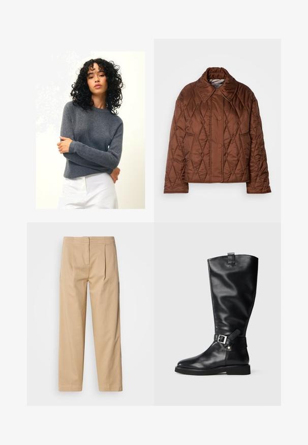 Brown quilted jacket featuring a diamond pattern, wide collar, two front buttons, and long sleeves. Made from a shiny synthetic material.; Authentic Cashmere ECRIN - Jumper - mottled anthracite; Beige cotton pants with a relaxed fit, featuring two front pleats, a straight leg, and a classic button closure at the waistband.; Black leather knee-high boot with a low heel and silver buckle strap detail around the ankle, set against a plain background.