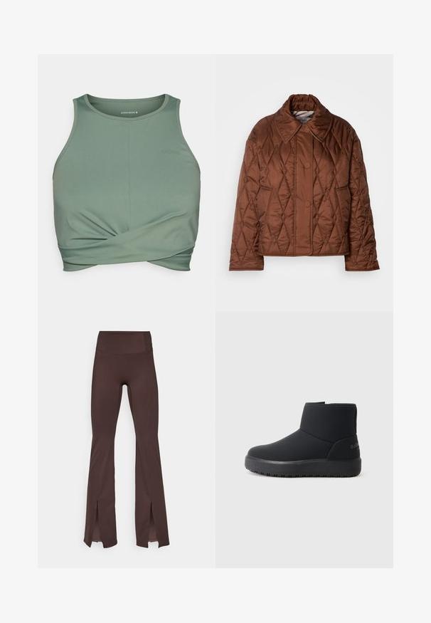 Pruun uhkeldav pusa, millel on teemantmuster, lai krae, kaks esimest nööpi ja pikad varrukad. Valmistatud läikivast sünteetilisest materjalist.; Roheline spordirinnahoidja, mis on valmistatud siledast ja venivast kangast. Omab keeratud esiosaga disaini ja brändinime "BORG", mis on alakeeltes samas toonis peene trükiga.; Pruunid laiad legginsid pehmest kangast, kõrge vöökoht ja külgsisselõiked allääres. Omavad sileda sobivuse tagamiseks lapitud õmblusi.; Mustad mustad saapad sileda välimise pinnaga, ümar varvas, peened õmbluse detailid ja paks tekstuuriga tall. Omab logosid taga.