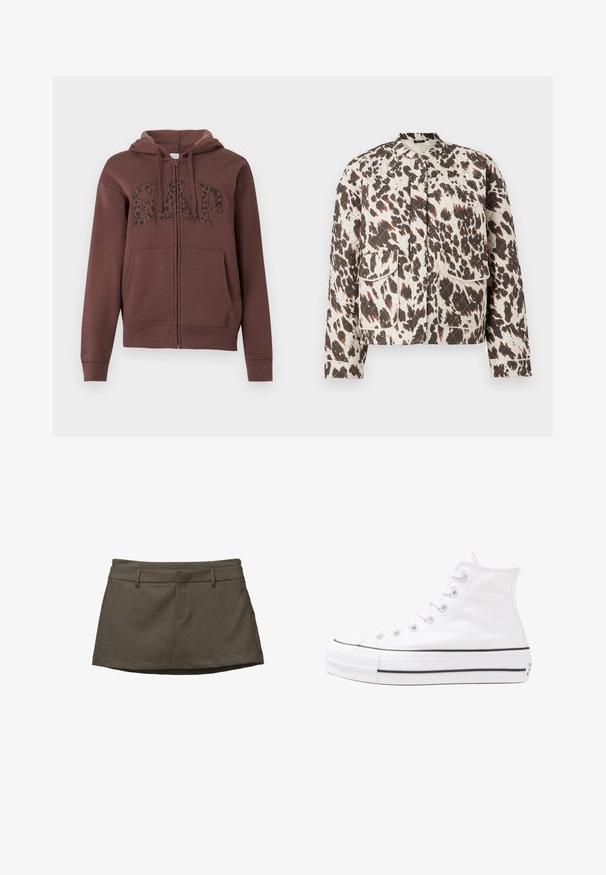 Giacca trapuntata in tessuto leggero, con un audace motivo a macchie marroni e crema, colletto rialzato e due tasche frontali a toppa.; Felpa zipata marrone con cappuccio foderato, ampie tasche anteriori e la scritta "GAP" in stampa leopardata nera sul petto. Realizzata in tessuto morbido.; Due top con spalline: uno presenta una stampa animalier astratta marrone e crema, mentre l'altro è di un nero uniforme. Entrambi sono realizzati in tessuto morbido.; Gonna marrone con un design sartoriale, con passanti per cintura, due tasche frontali e un tessuto testurizzato. L'orlo è leggermente curvato.; Sneaker alta in tela bianca con suola in gomma nera, punta in gomma frontale e sei asole per i lacci, caratterizzata da un design pulito e minimalista.