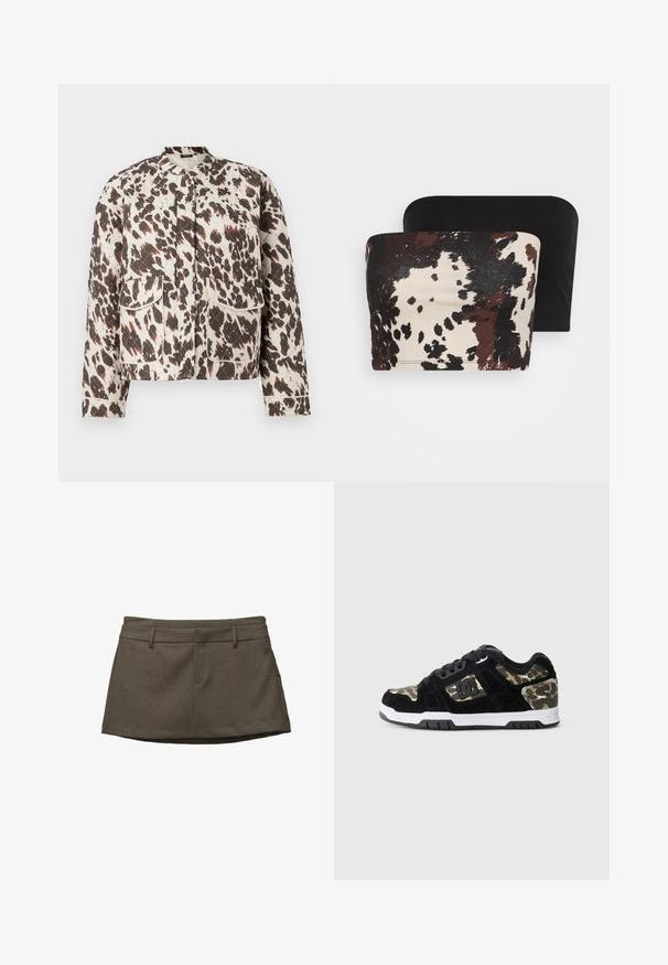 Prošívaná bunda z lehkého materiálu s výrazným hnědým a krémovým skvrnitým vzorem, stojáčkem a dvěma předními náprsními kapsami.; Dvě bezramínkové topy: jeden má hnědo-krémový abstraktní zvířecí potisk, zatímco druhý je čistě černý. Oba jsou vyrobeny z měkké tkaniny.; Hnědá sukně s propracovaným designem, obsahující poutka na opasek, dvě přední kapsy a texturovanou látku. Spodní lem je mírně zakřivený.; Černé semišové tenisky s maskáčovým vzorem na boku, bílou mezipodešví a černou gumovou podrážkou. Obsahují tkaničky a detail loga na boku.