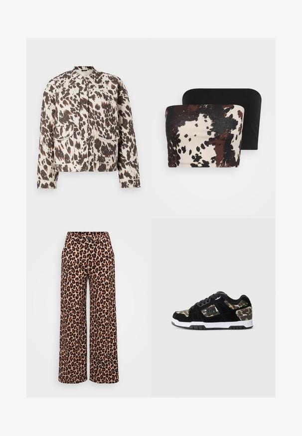 Pufasta jakna iz lahkega materiala, ki se ponaša z izrazitim rjavim in kremnim razpršnim vzorcem, stoječim ovratnikom in dvema sprednjima žepoma.; Dva topa brez naramnic: en ima rjav in kremast abstrakten živalski vzorec, medtem ko je drugi popolnoma črn. Oba sta izdelana iz mehkega blaga.; Even&Odd Petite Hlače - brown; Črne semiš superge z vojaškim vzorcem na strani, bele srednje podplate in črna gumijasta podplata. Imajo vezalke in podrobnost z logotipom na strani.