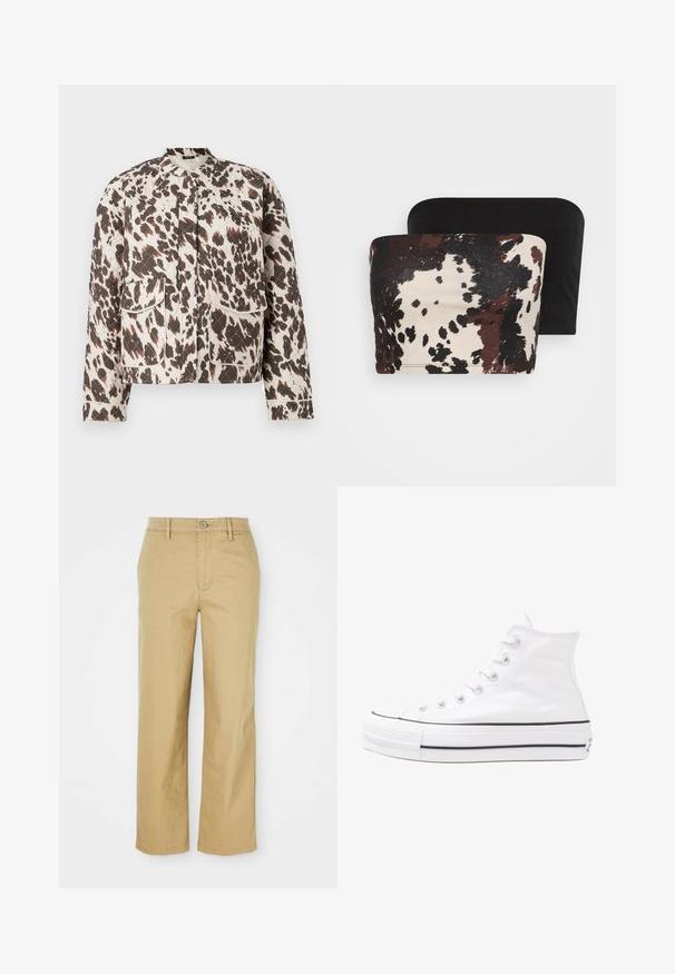 Quiltana jakna s laganom tkaninom, koja ima smjelu smeđu i kremastu mrljastu uzorak, stojeći ovratnik i dva prednja džepa.; Dva topa bez naramenica: jedan ima smešasti i kremasti apstraktni životinjski uzorak, dok je drugi potpuno crn. Oba su napravljena od mekanog materijala.; Bež pamuk hlače s ravnim nogavicama. Imaju kopčanje na gumb, petlje za remen i prednje džepove, lagana tekstura.; Bijela visoka platnena tenisica s crnom gumenom potplatom, prednjim gumenim zaštitnikom prstiju i šest rupa za vezanje, s čistim, minimalističkim dizajnom.